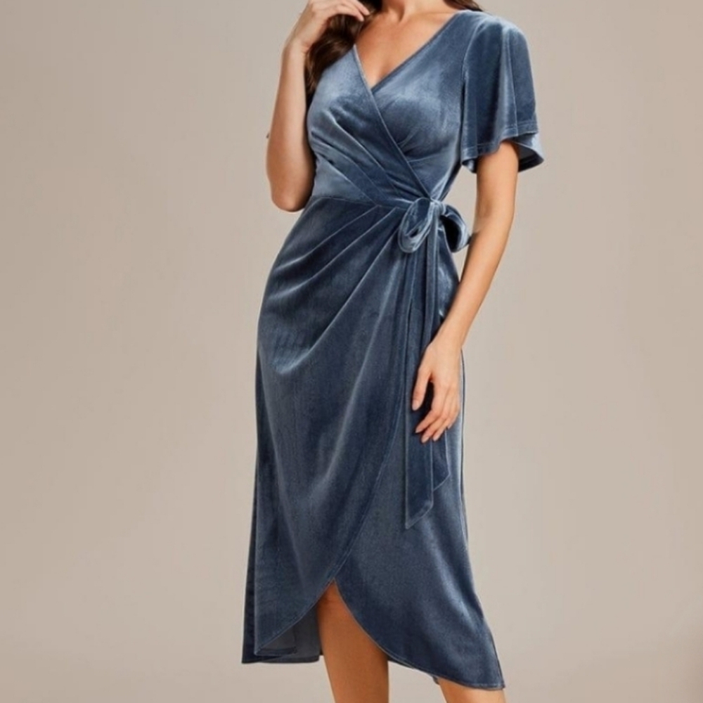 NWT V-Neck Ruffles Sleeve Velvet One-Piece Type Wedding Guest Long Dress Final$